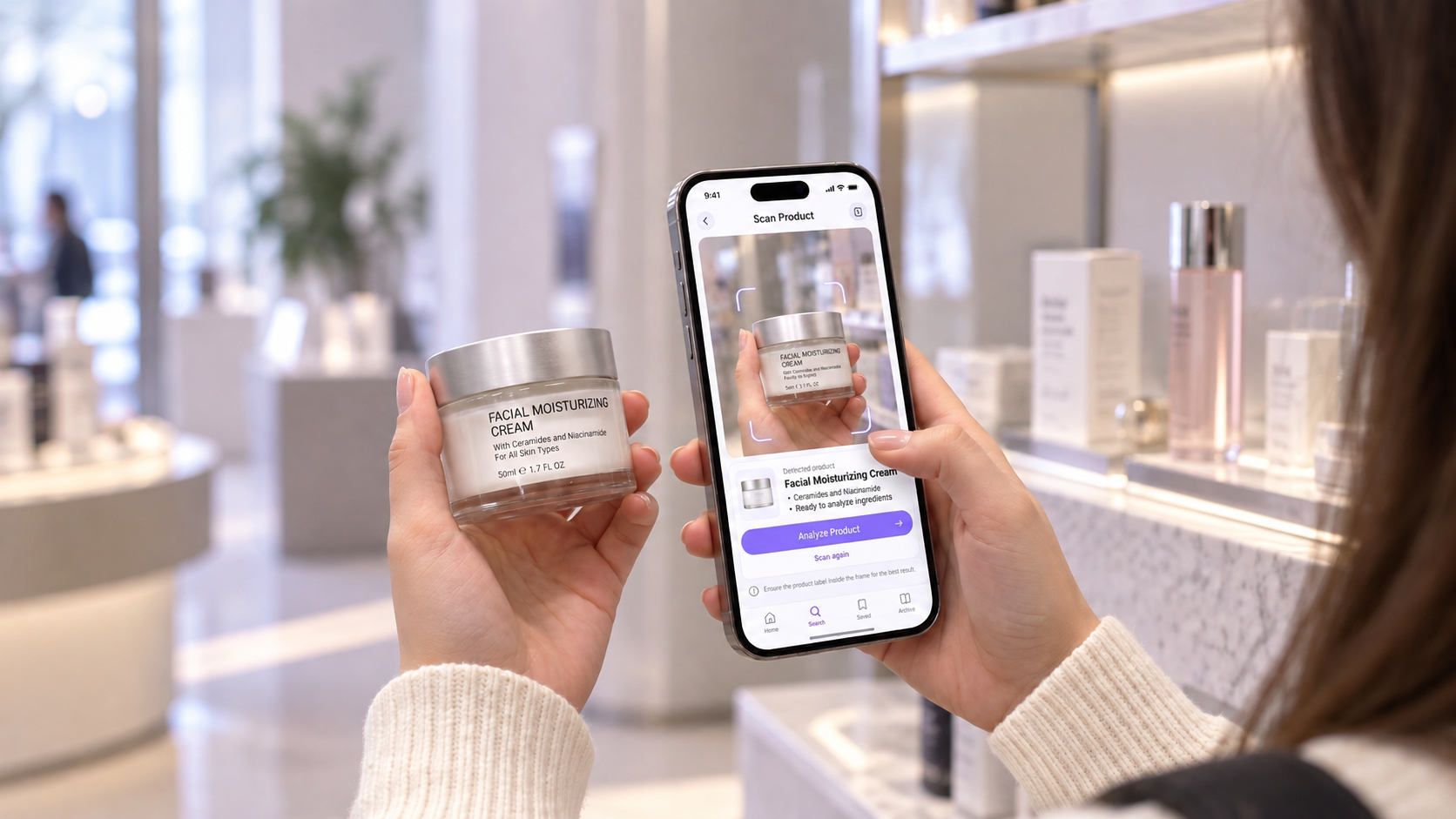 Glow Guard product scanning in a cosmetics store
