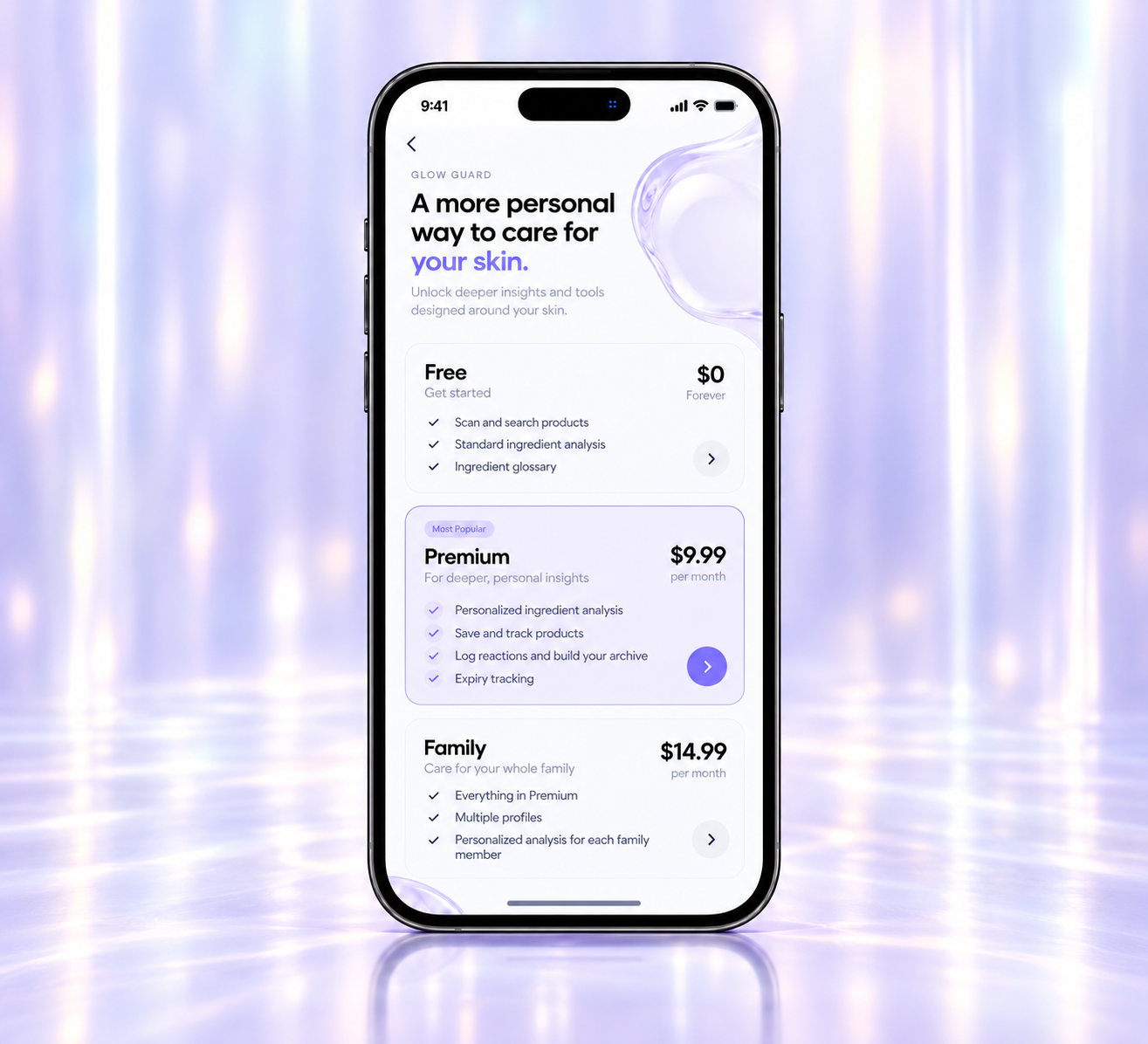 Glow Guard Free, Premium and Family membership plans