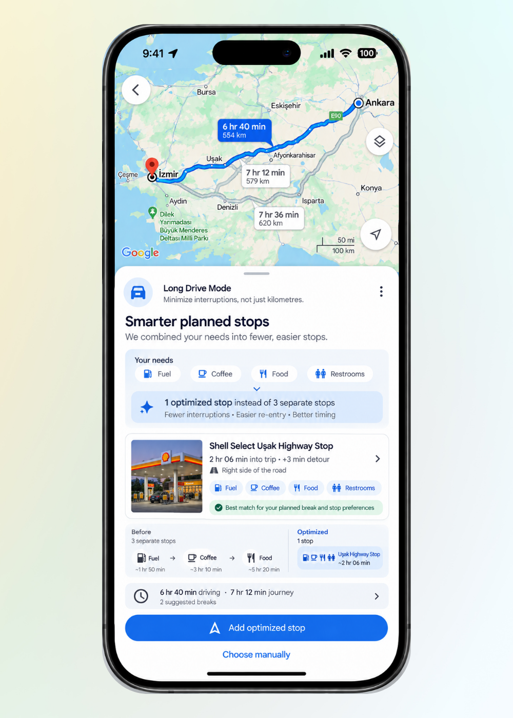 Combine needs into fewer stops. Google Maps phone mockup