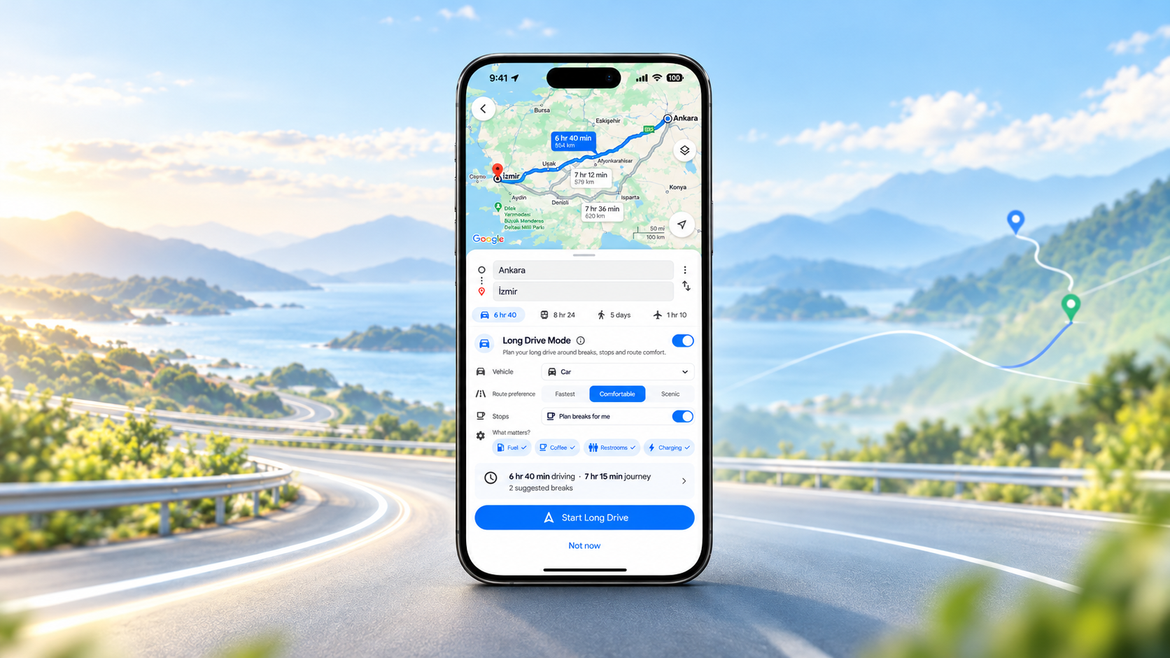 Google Maps Long Drive Mode phone mockup