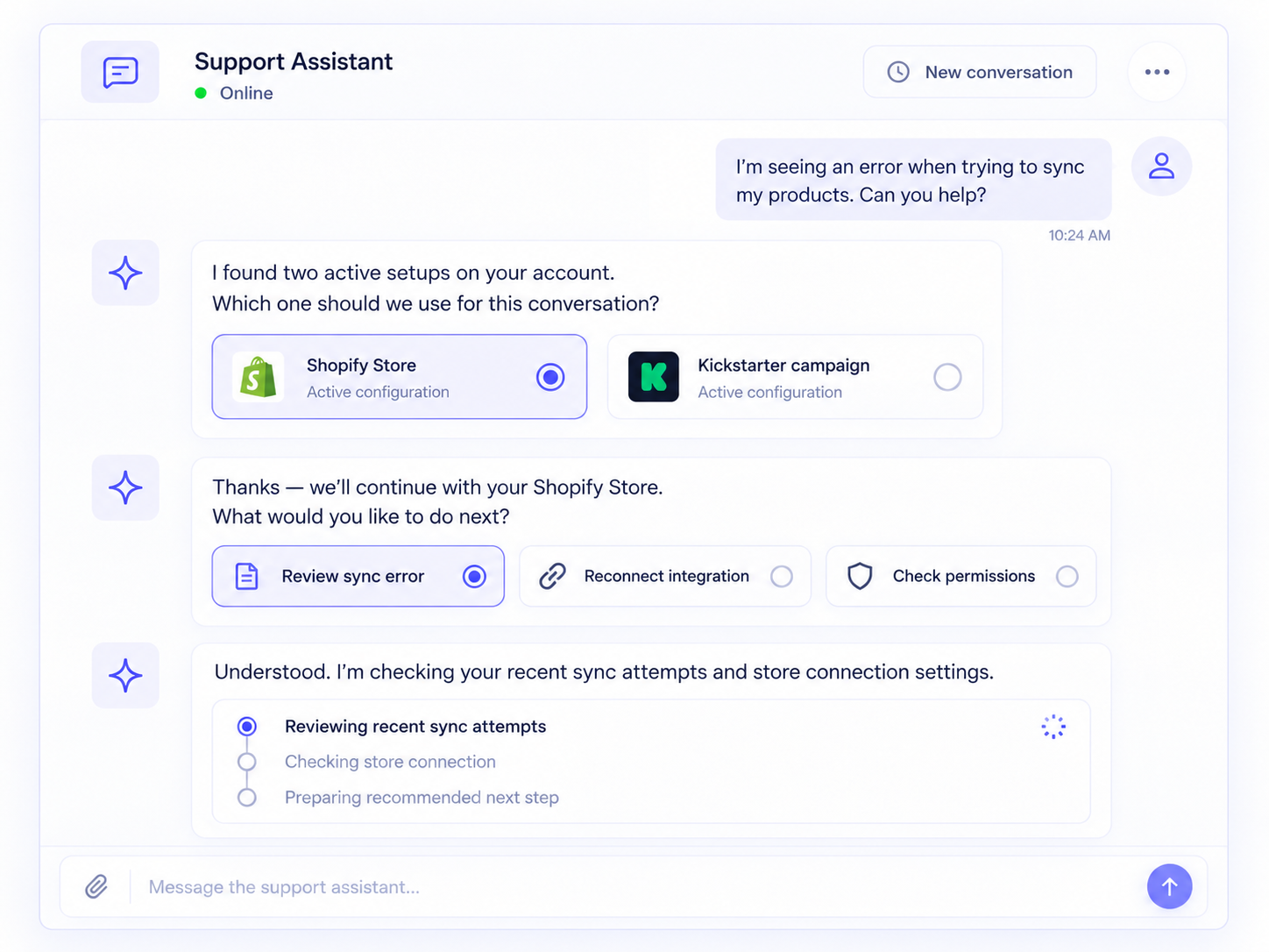 Stripe support assistant account context selection